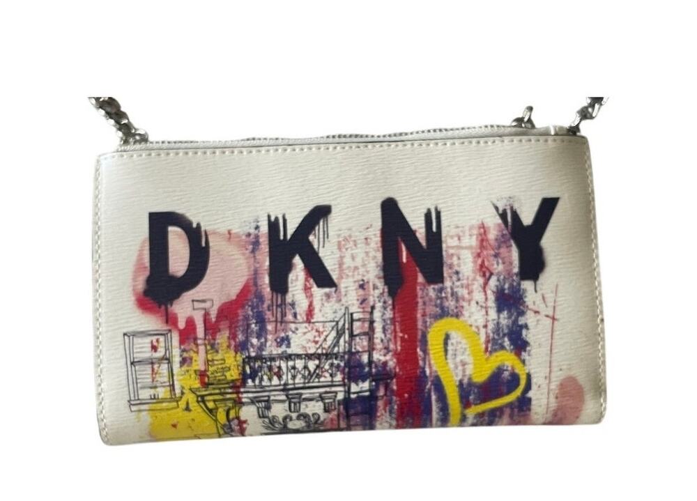 DKNY Bryant Small Crossbody Graffiti print on white bag WOC
